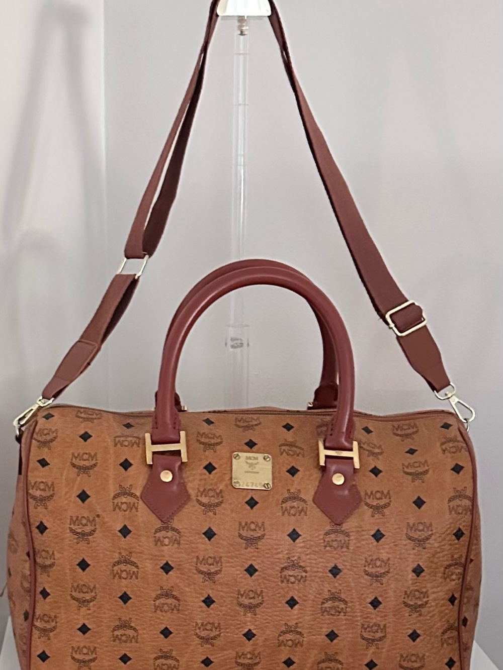 MCM Tan Cognac Monogram Duffel with Brown Leather Handles